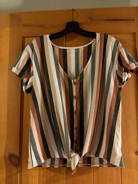 American Eagle Striped Button-Tie Hem Top - Multi- washed, not dried worn once